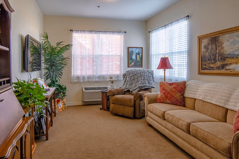 A cozy living room with a beige sofa adorned with red and patterned pillows, a brown recliner chair with a patterned throw draped over it, two windows with sheer white curtains, a floor lamp with a red shade, framed paintings on the walls, a flat-screen TV mounted on the wall, and several green plants placed on wooden furniture.