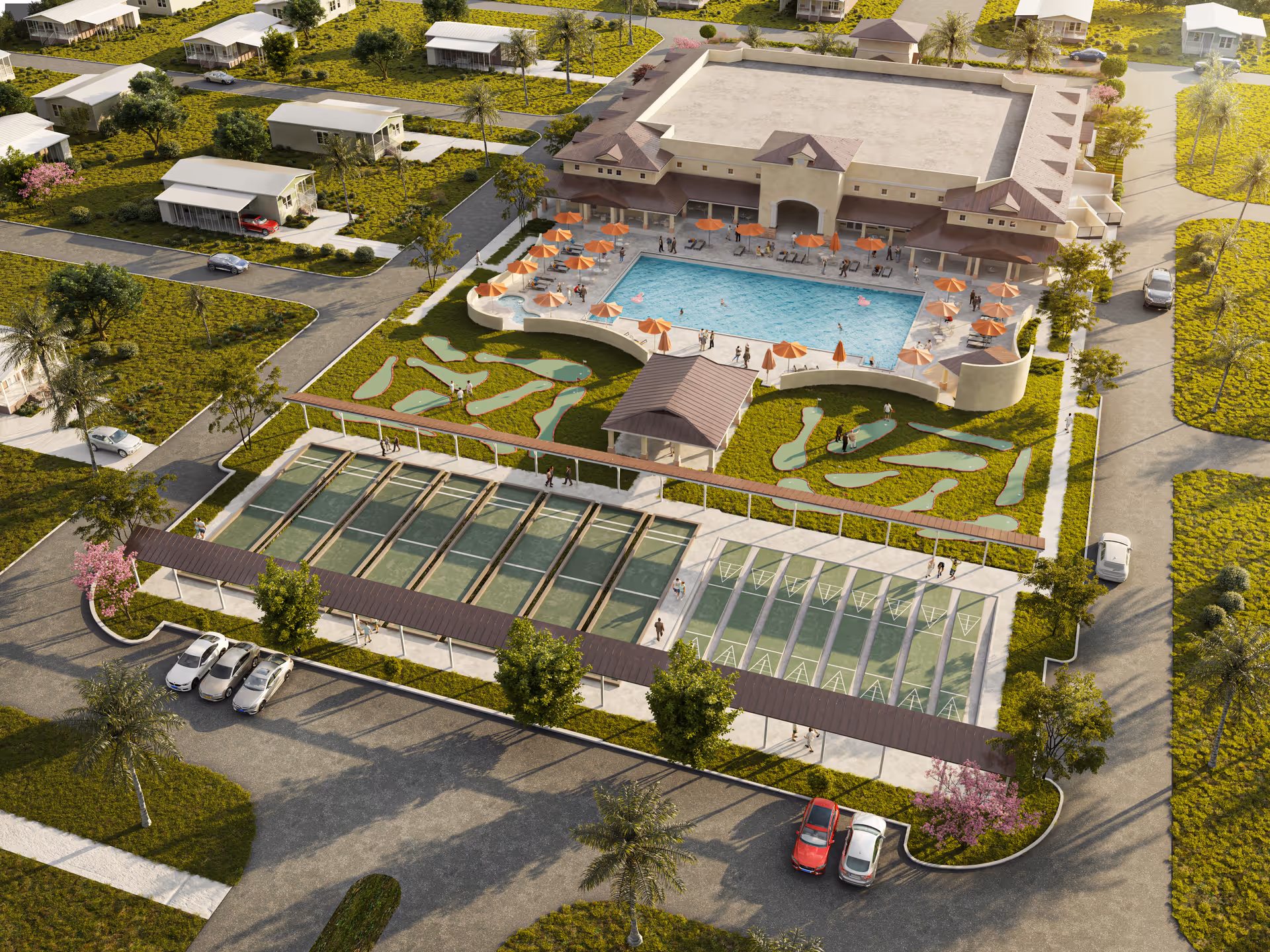 Aerial view of Naples Estates 55+ Community showing a large building with a swimming pool surrounded by orange umbrellas and lounge chairs. In front of the building are landscaped areas with putting greens and covered shuffleboard courts. Several cars are parked along the roads and in parking spaces near the facility. Residential homes and greenery surround the community.