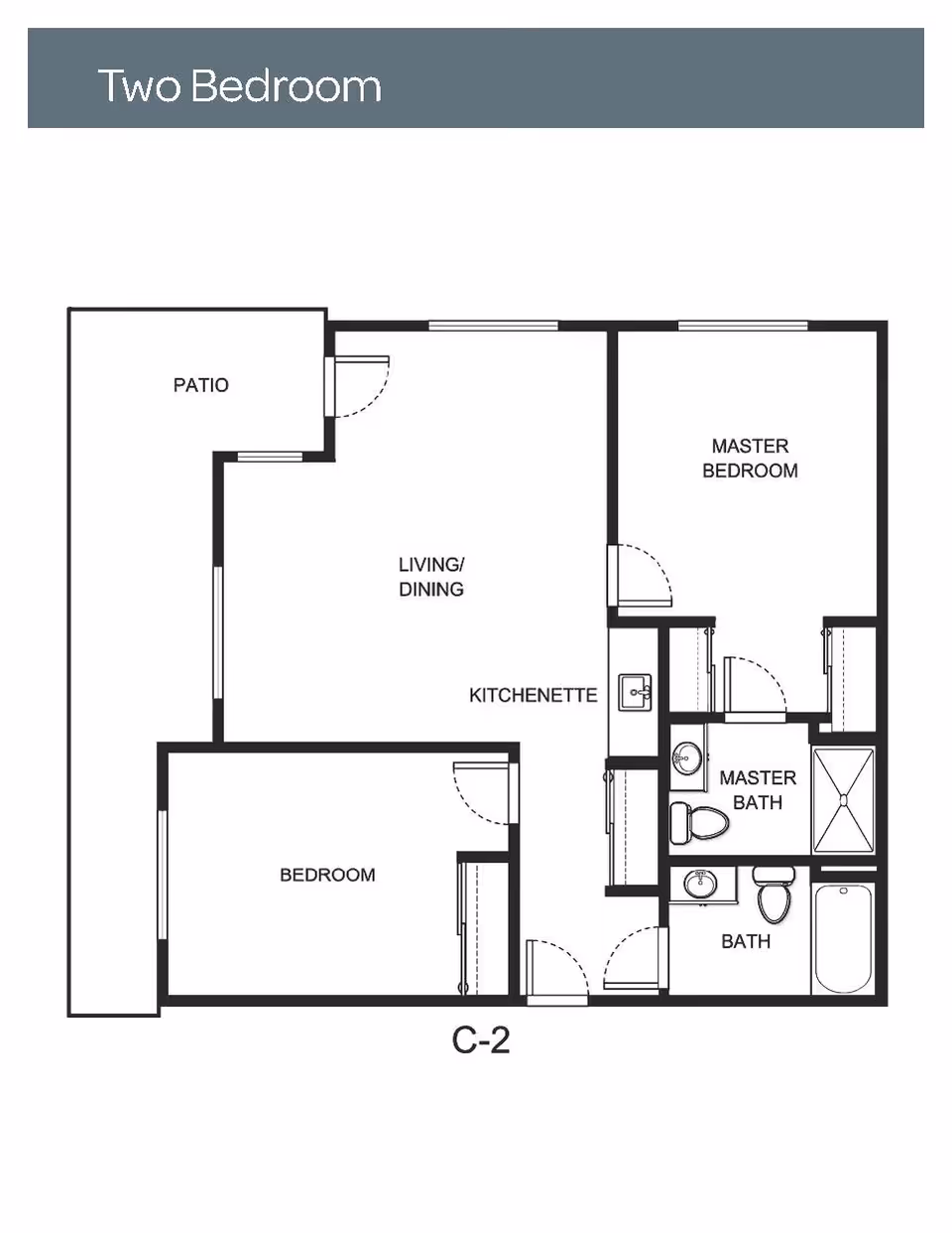 Floor plan layout of a two-bedroom apartment at Holiday Indigo Pines, showing a patio, living/dining area, kitchenette, master bedroom with master bath, a second bedroom, and an additional bath.
