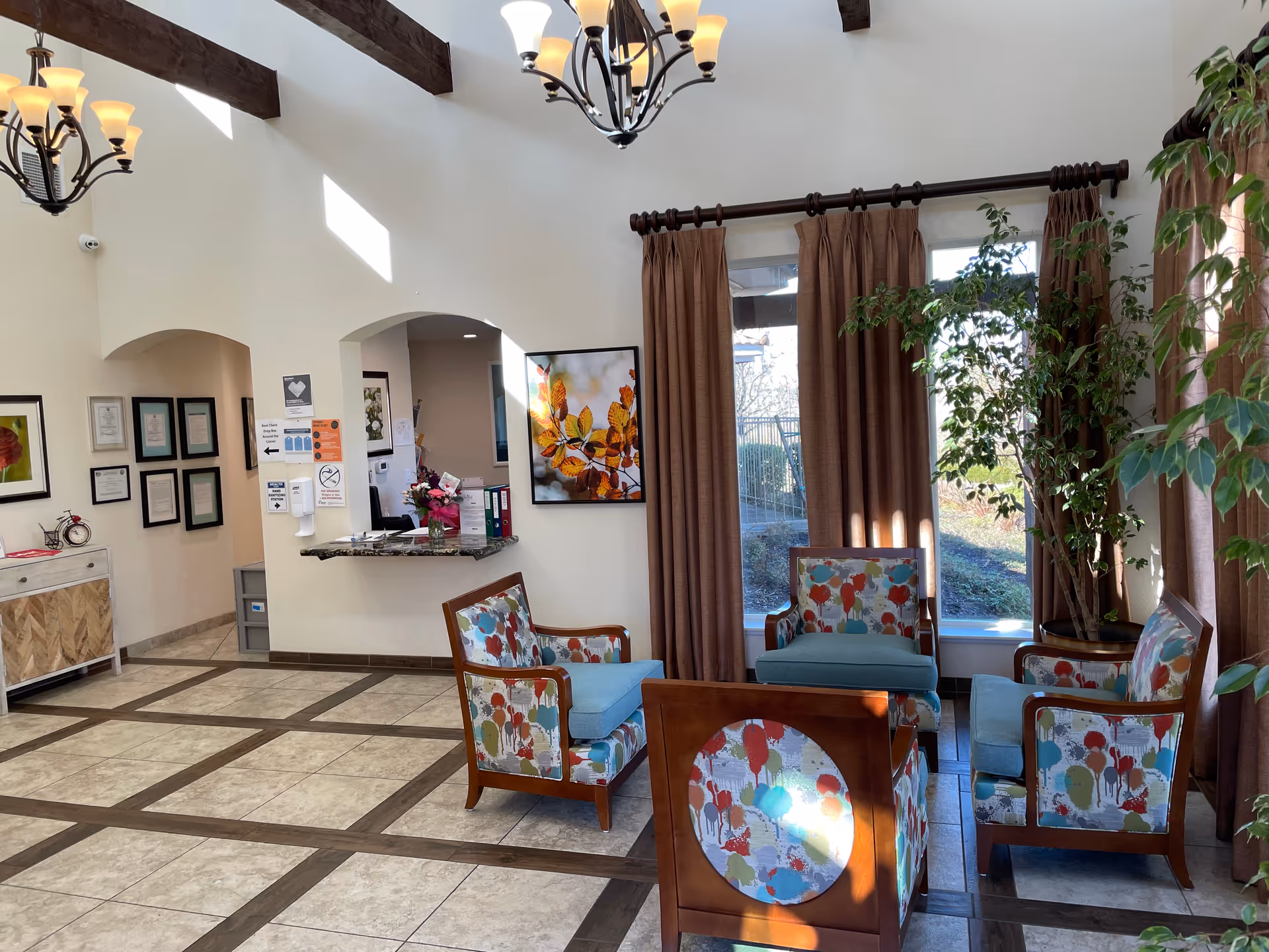 Sunlit reception lounge with a cluster of colorful patterned armchairs, tall windows with brown curtains, potted plants, and a small reception desk.