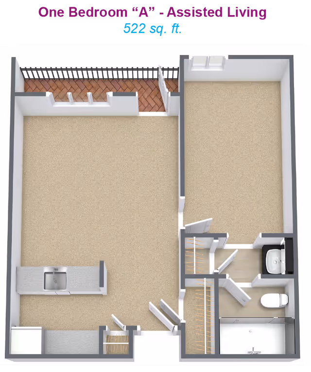 3D floor plan of a one-bedroom assisted living apartment with 522 square feet. The layout includes a living area with access to a balcony, a kitchen with a sink and refrigerator, a bedroom, a bathroom with a sink, toilet, and shower, and two closets near the entrance.