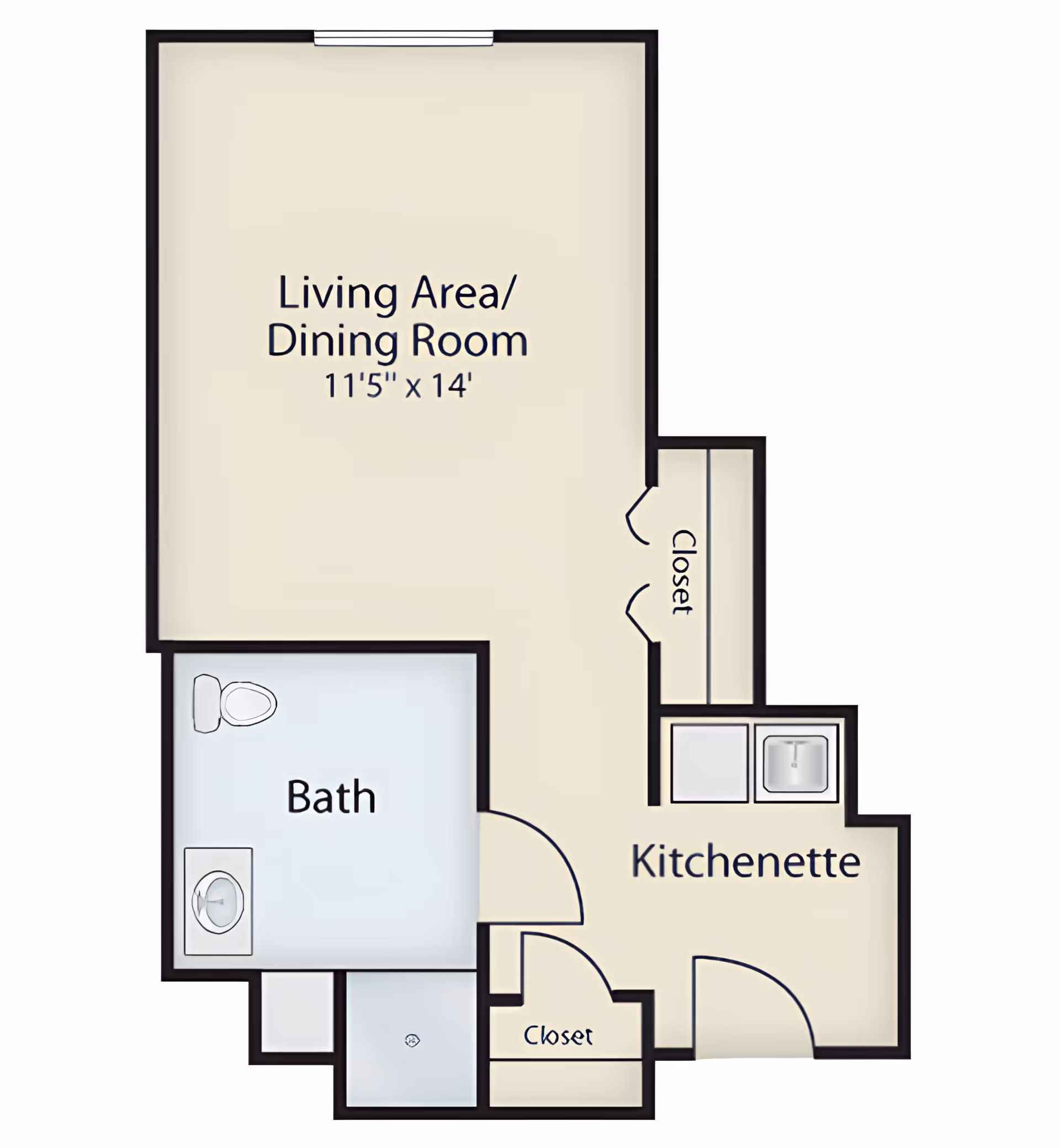 Floor plan of a senior living unit at Commonwealth Senior Living At Stratford House showing a living area/dining room measuring 11 feet 5 inches by 14 feet, a bath with toilet and sink, a kitchenette with sink and counter space, and two closets.