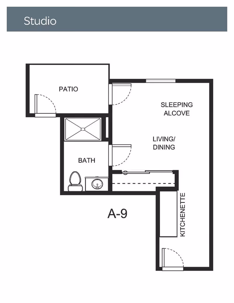 Floor plan of a studio apartment labeled A-9 at Holiday Indigo Pines, showing a patio, bath with toilet and sink, sleeping alcove combined with living/dining area, and a kitchenette.