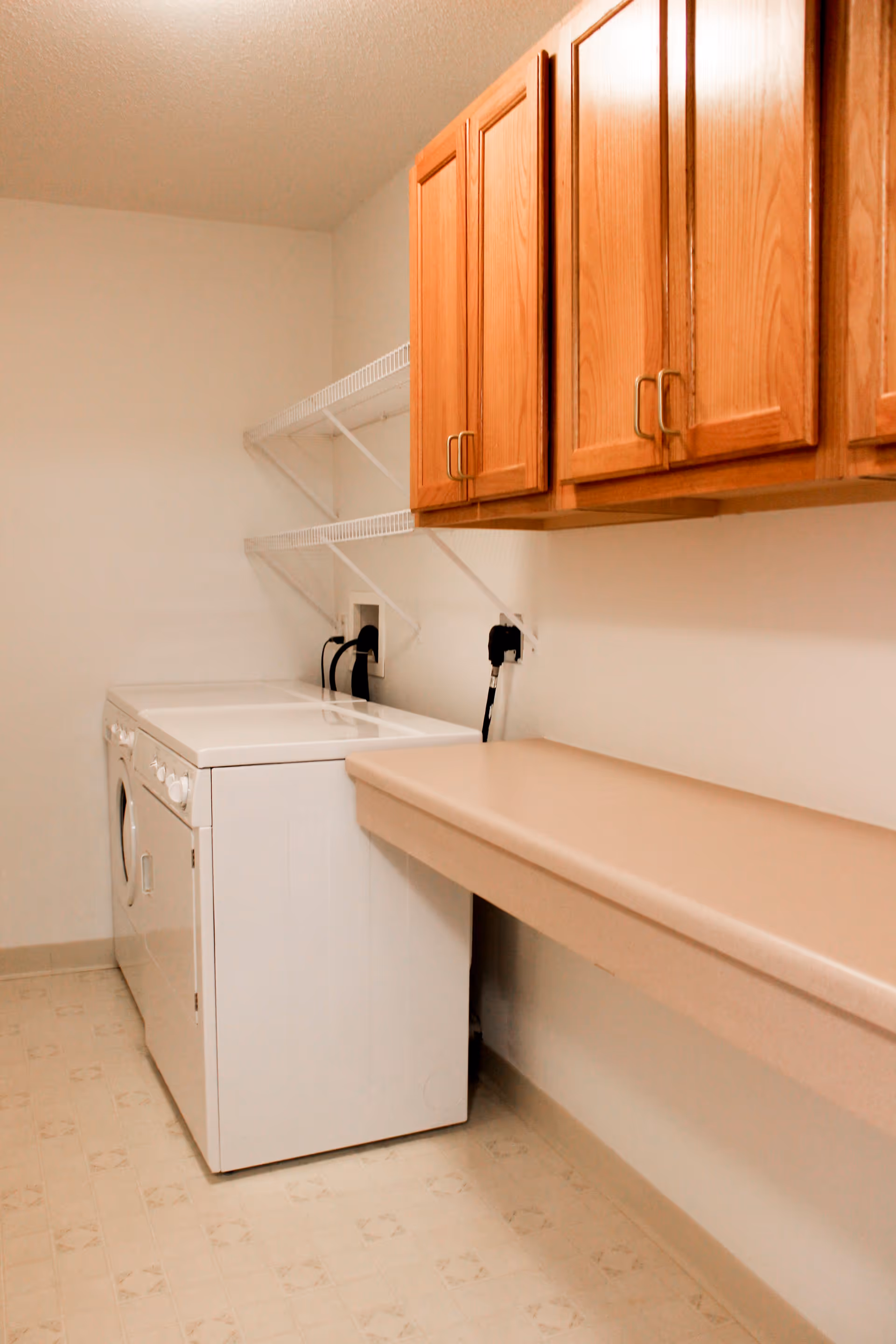 Laundry room with a washer and dryer, a long countertop, wooden wall cabinets, and wire shelving.