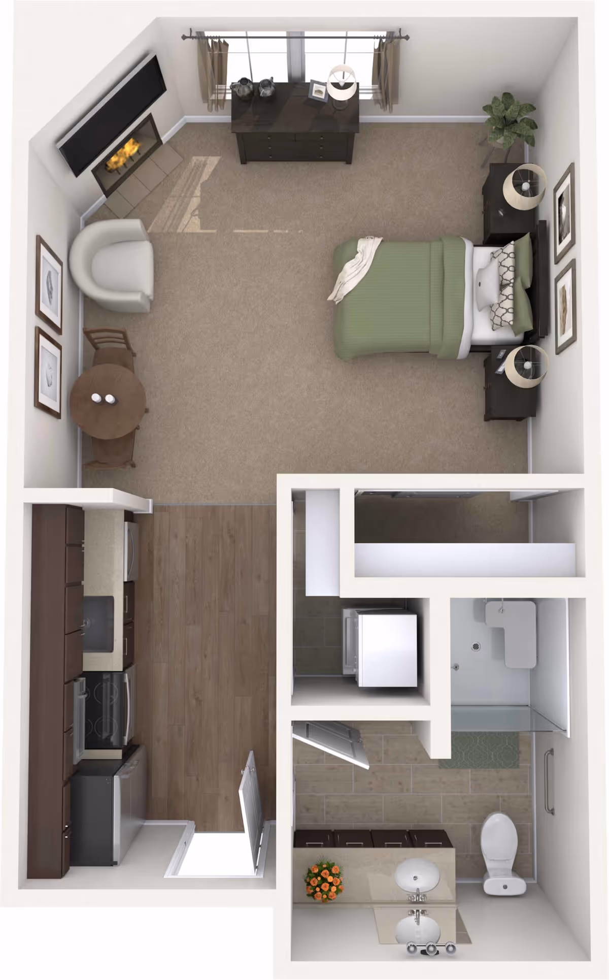 Top-down view of a studio apartment floor plan featuring a bedroom area with a bed, two nightstands with lamps, a dresser, an armchair, and a small round table with two chairs. The kitchen area has appliances including a refrigerator, stove, microwave, and sink with wooden flooring. The bathroom includes a toilet, sink with a large mirror, and a walk-in shower. There is also a small laundry area with a washer and dryer.