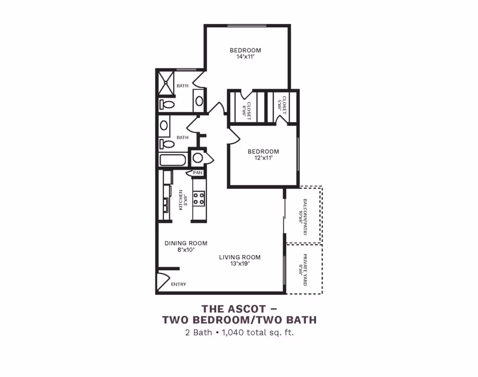 Black-and-white floor plan of "The Ascot" two-bedroom, two-bath apartment showing two bedrooms, two bathrooms, a kitchen, dining room, living room, and balcony/patio.