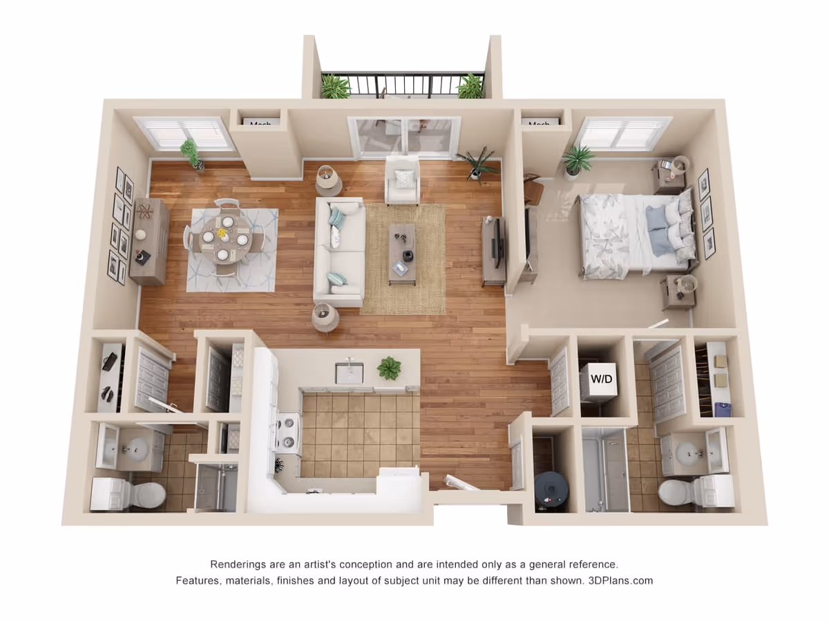 3D floor plan of a one-bedroom apartment featuring a bedroom with a bed and nightstands, a living room with a sofa, armchair, coffee table, and TV, a dining area with a round table and four chairs, a kitchen with appliances and a sink, two bathrooms with sinks, toilets, and a shower or bathtub, a washer/dryer closet, and a balcony with plants.