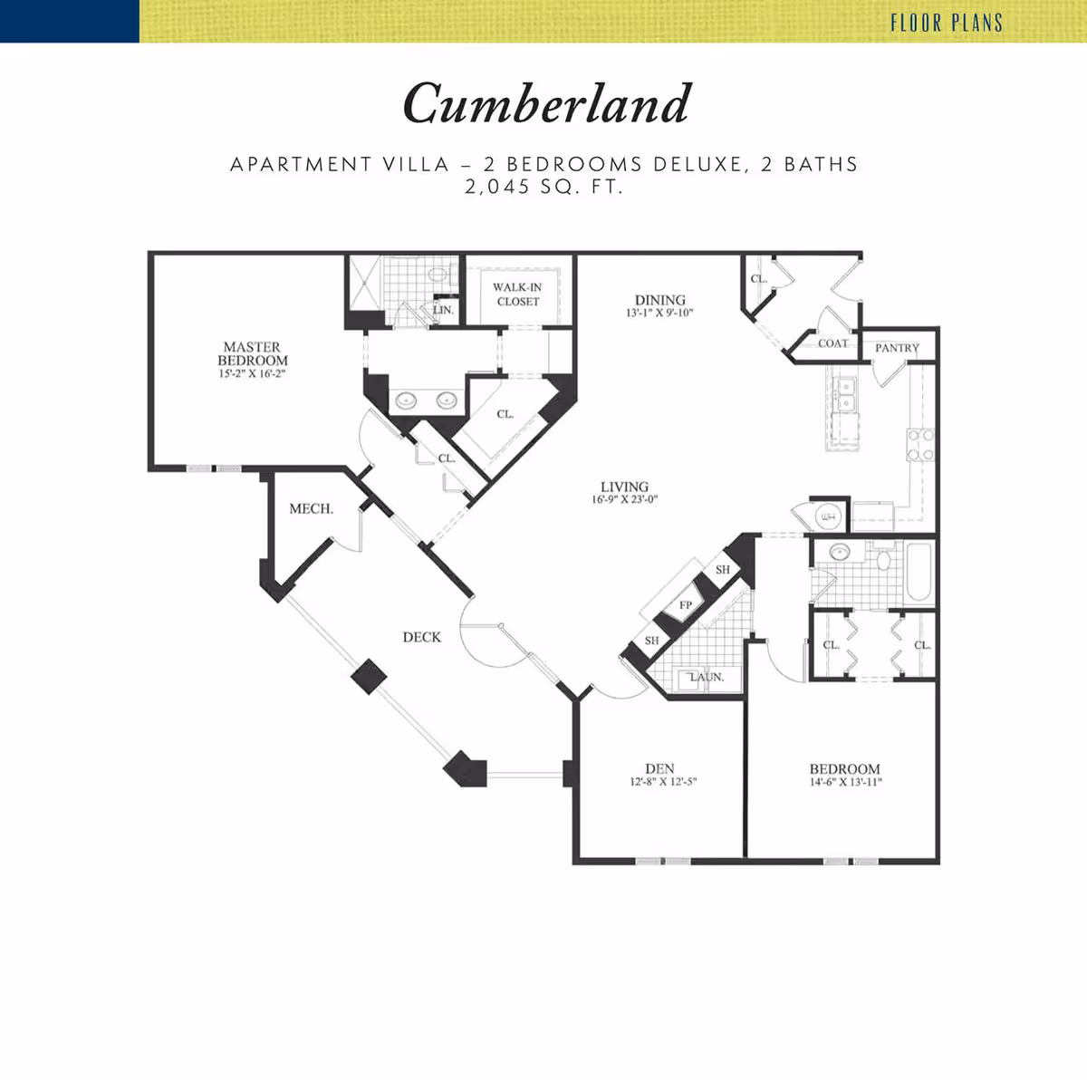 Floor plan of Cumberland apartment villa with 2 bedrooms deluxe and 2 baths, covering 2,045 square feet. Includes master bedroom with walk-in closet and bathroom, second bedroom, den, living room, dining area, kitchen with pantry, laundry, mechanical room, coat closet, and a deck.