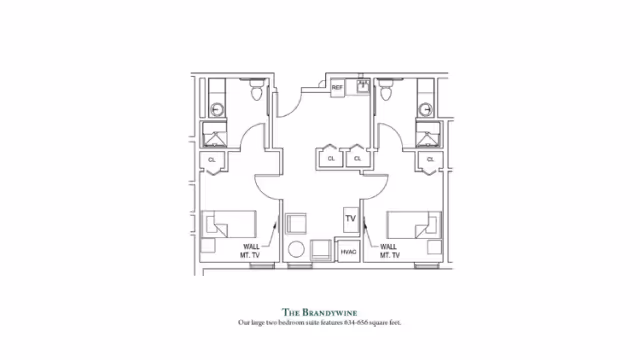 Architectural floor plan of The Brandywine, a large two-bedroom suite featuring 634-656 square feet, showing two bedrooms each with a bathroom, closets, a central living area with TV and HVAC, and a small kitchen area with refrigerator and sink.
