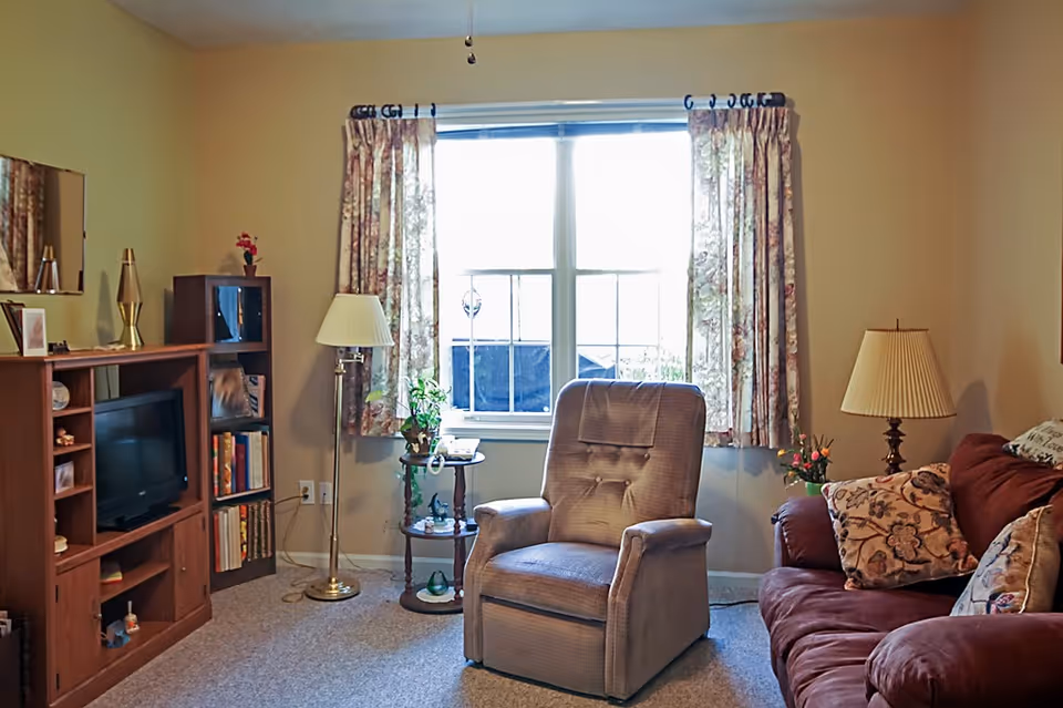 A cozy living room with a large window covered by floral curtains. In front of the window is a cushioned armchair. To the right is a maroon sofa with patterned throw pillows and a table lamp on a side table. To the left is a wooden entertainment center with a TV and shelves filled with books and decorative items. A floor lamp and a small round table with plants and a telephone are also visible.
