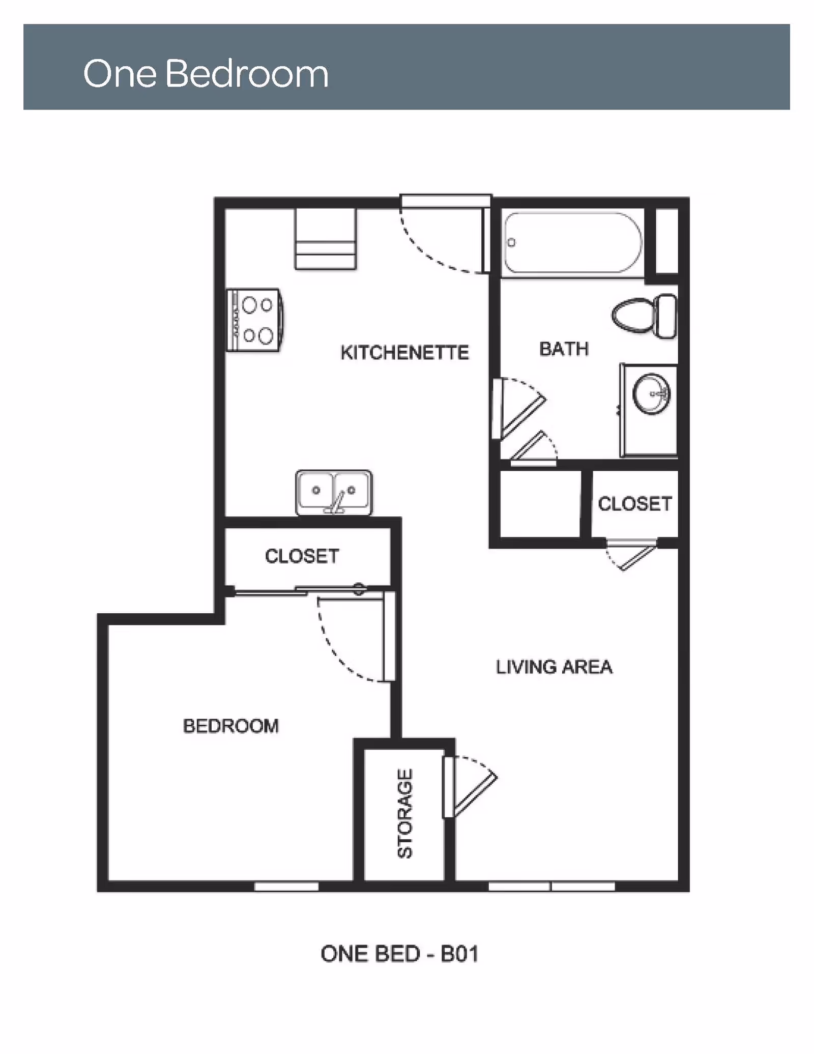 Floor plan of a one-bedroom apartment labeled ONE BED - B01, showing a bedroom with a closet, a kitchenette with a stove and sink, a bathroom with a bathtub, toilet, and sink, a living area, and a storage closet.