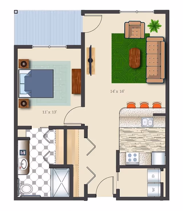 Floor plan of a senior living apartment at Bonaventure of East Wenatchee showing a bedroom with a bed and two nightstands, a bathroom with a toilet, sink, and shower, a living room with a sofa, armchair, coffee table, TV, and a green rug, a kitchen with a stove, sink, refrigerator, and a counter with three bar stools, and a laundry area with a washer and dryer. The bedroom measures 11 by 13 feet and the living room measures 14 by 16 feet. There is also a small balcony or patio area accessible from the living room.