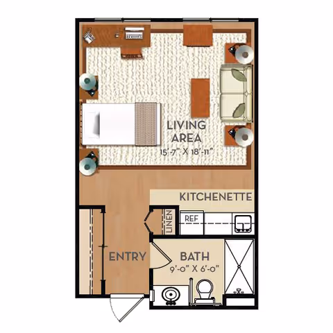 Floor plan of a studio apartment at Terraces of Roseville showing a living area with a bed, sofa, coffee table, desk, and lamps. The kitchenette is adjacent to the living area, and there is a bathroom with a shower, toilet, and sink near the entry. The layout includes labeled dimensions for the living area and bathroom.