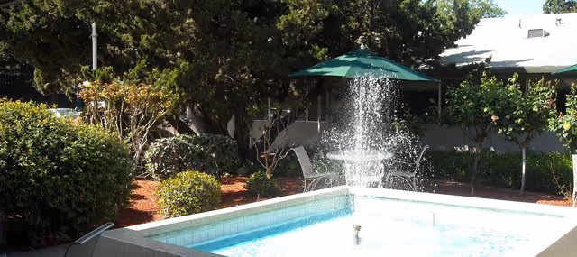 Outdoor garden area with a square water fountain in the foreground, surrounded by greenery including bushes and trees. There are chairs and a green umbrella near the fountain, with a building partially visible in the background.