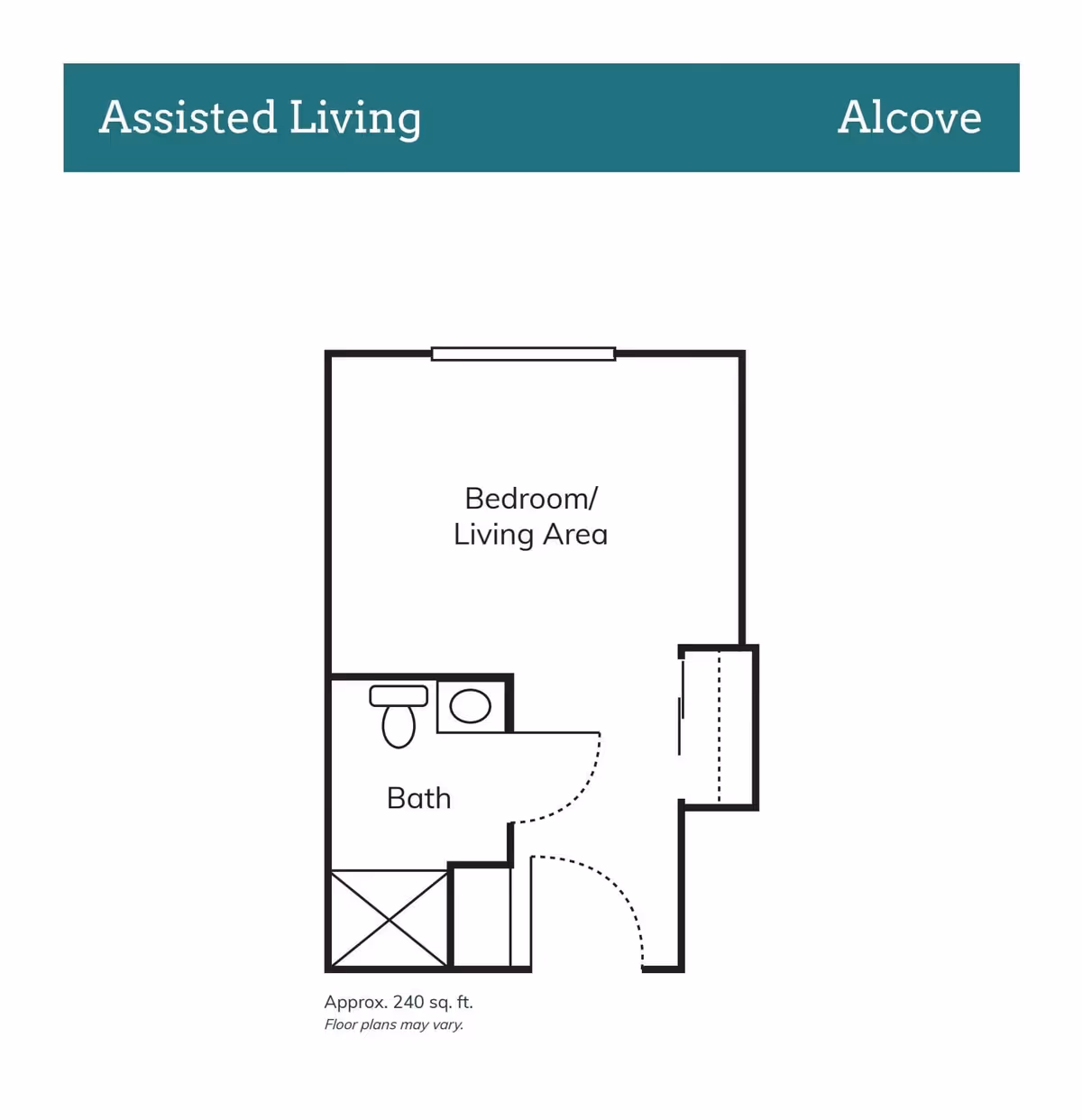 Floor plan of an assisted living alcove unit showing a combined bedroom and living area, a bathroom with a toilet and sink, and an entry area with a closet. The total area is approximately 240 square feet.