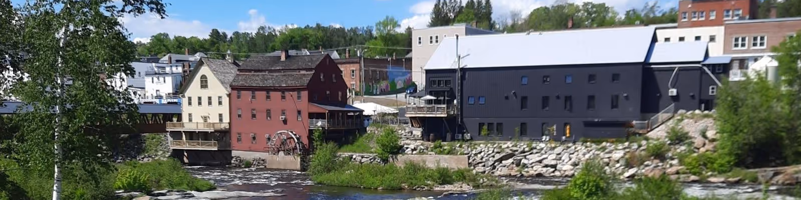 A scenic view of a river flowing past a cluster of buildings including a large black building and several smaller buildings with varied colors, surrounded by greenery and trees under a blue sky with some clouds.