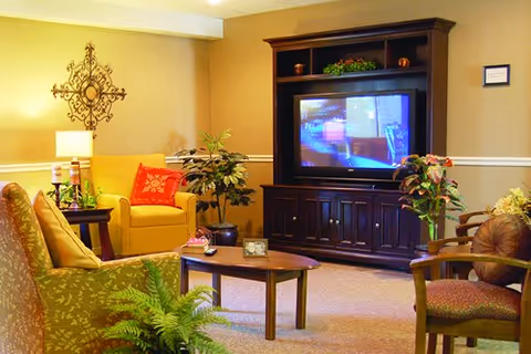 A cozy living room with a large dark wood entertainment center holding a television, surrounded by various chairs including a yellow armchair with a red pillow, a green patterned armchair, and a wooden chair with a cushion. There are several plants and decorative items, including a wall-mounted metal art piece and a table lamp, creating a warm and inviting atmosphere.