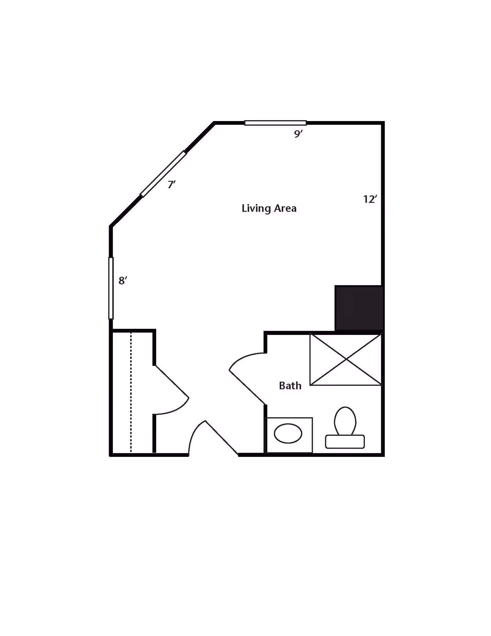 Floor plan layout showing a living area measuring 12 by 9 feet with angled walls, an entry door, a closet, and a bathroom with a toilet, sink, and shower.