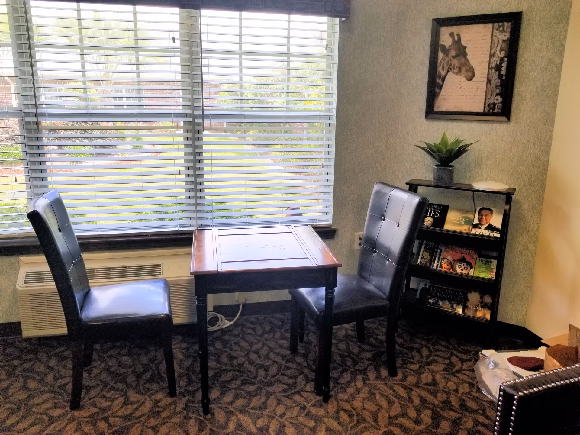A small seating area with two black leather chairs and a wooden table between them, positioned in front of a large window with horizontal blinds. To the right, there is a small black bookshelf with books and a potted plant on top. A framed picture of a giraffe hangs on the wall above the bookshelf. The floor is carpeted with a patterned design.
