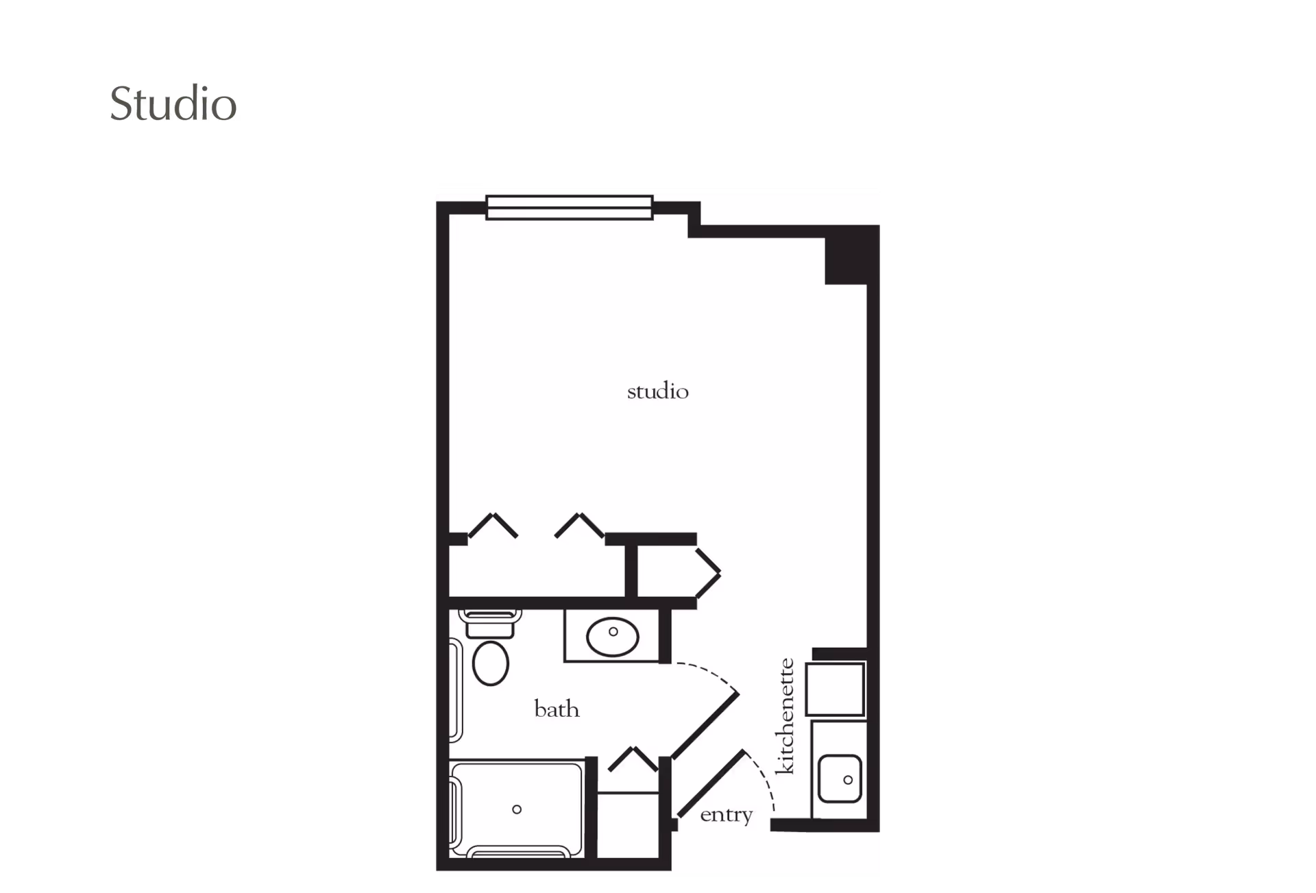 Floor plan of a studio apartment at Atria Bay Spring Village showing a combined studio living and sleeping area, a bathroom with a bathtub, toilet, and sink, a kitchenette near the entry, and closet spaces.