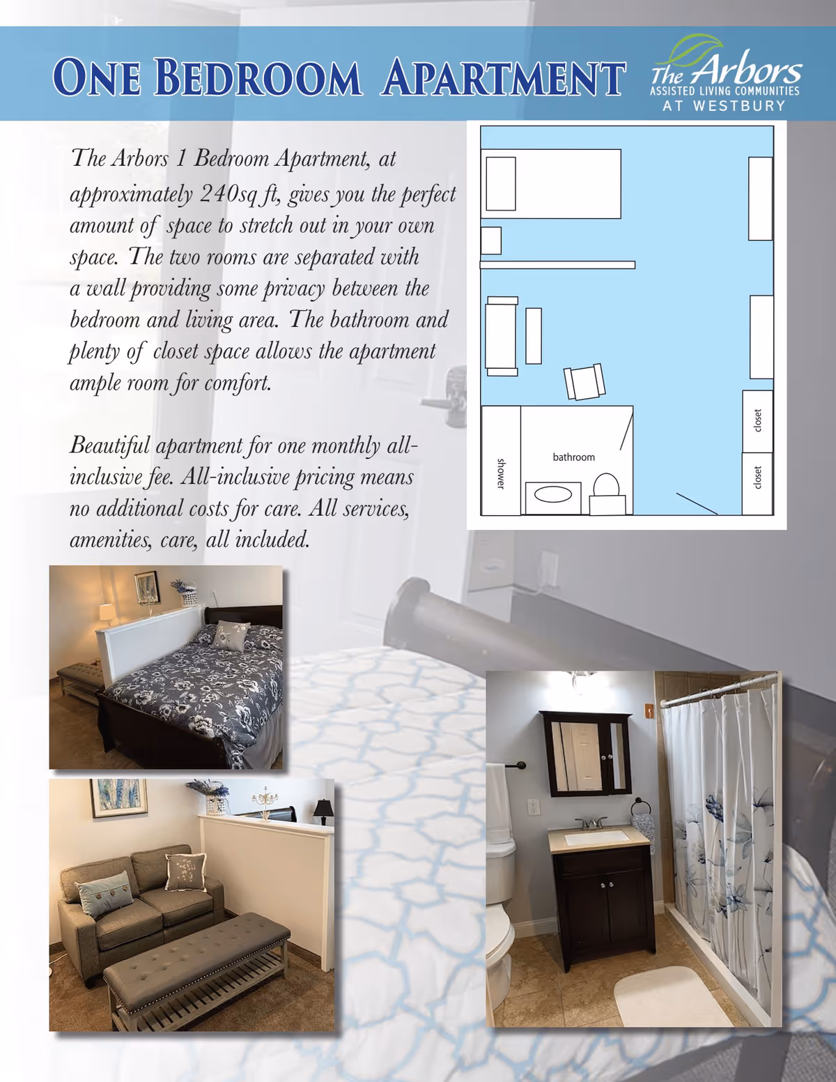 Layout and description of a one-bedroom apartment at The Arbors Assisted Living Communities at Westbury, featuring a floor plan showing a bedroom, living area, bathroom with shower, and closets. Photos include a bedroom with a bed and nightstand, a living area with a sofa and ottoman, and a bathroom with a sink, mirror, toilet, and shower with a floral curtain.