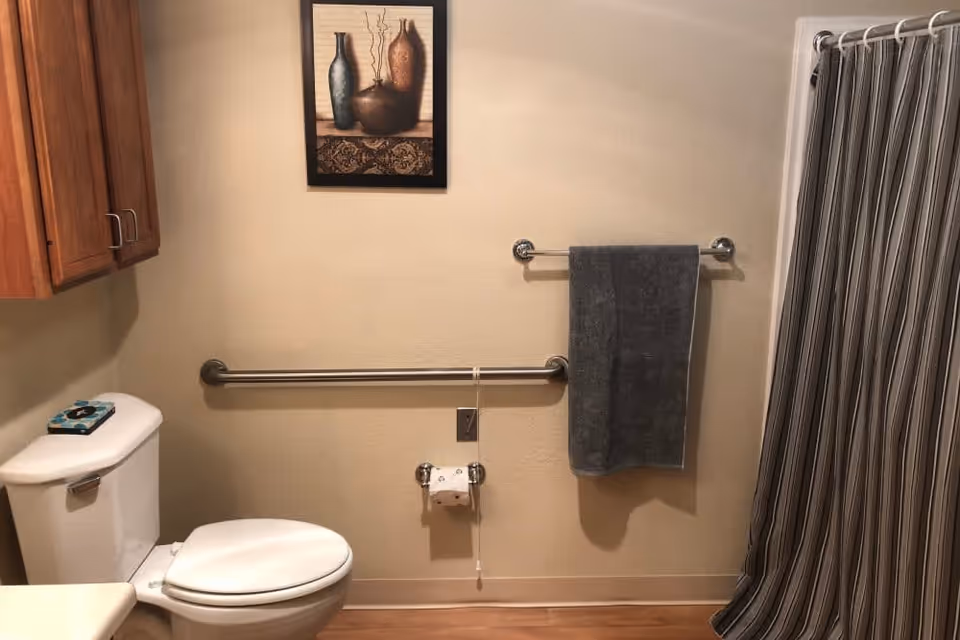 A bathroom with a white toilet, a wooden cabinet above the toilet, a towel rack with a gray towel, a shower curtain with vertical stripes, a grab bar on the wall, and a framed picture of vases hanging above the grab bar.