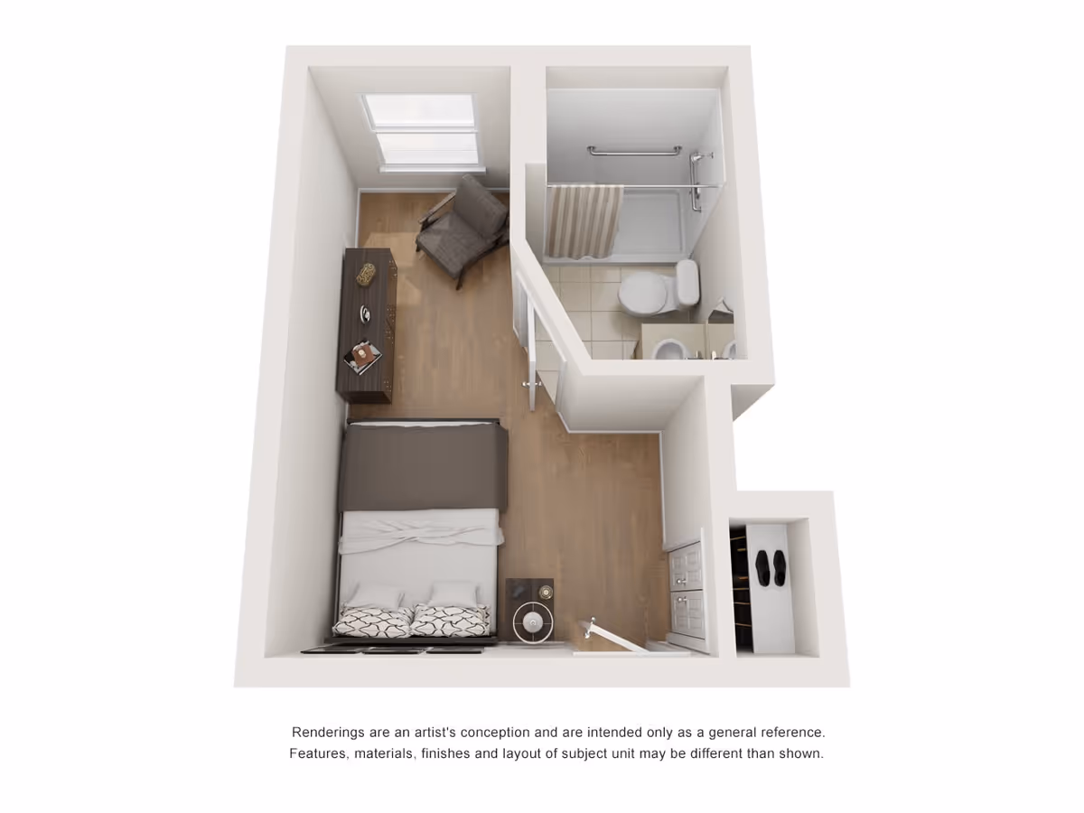 3D floor plan rendering of a small senior living unit featuring a bedroom with a bed, nightstand, dresser, and armchair, adjacent to a bathroom with a shower, toilet, and sink.