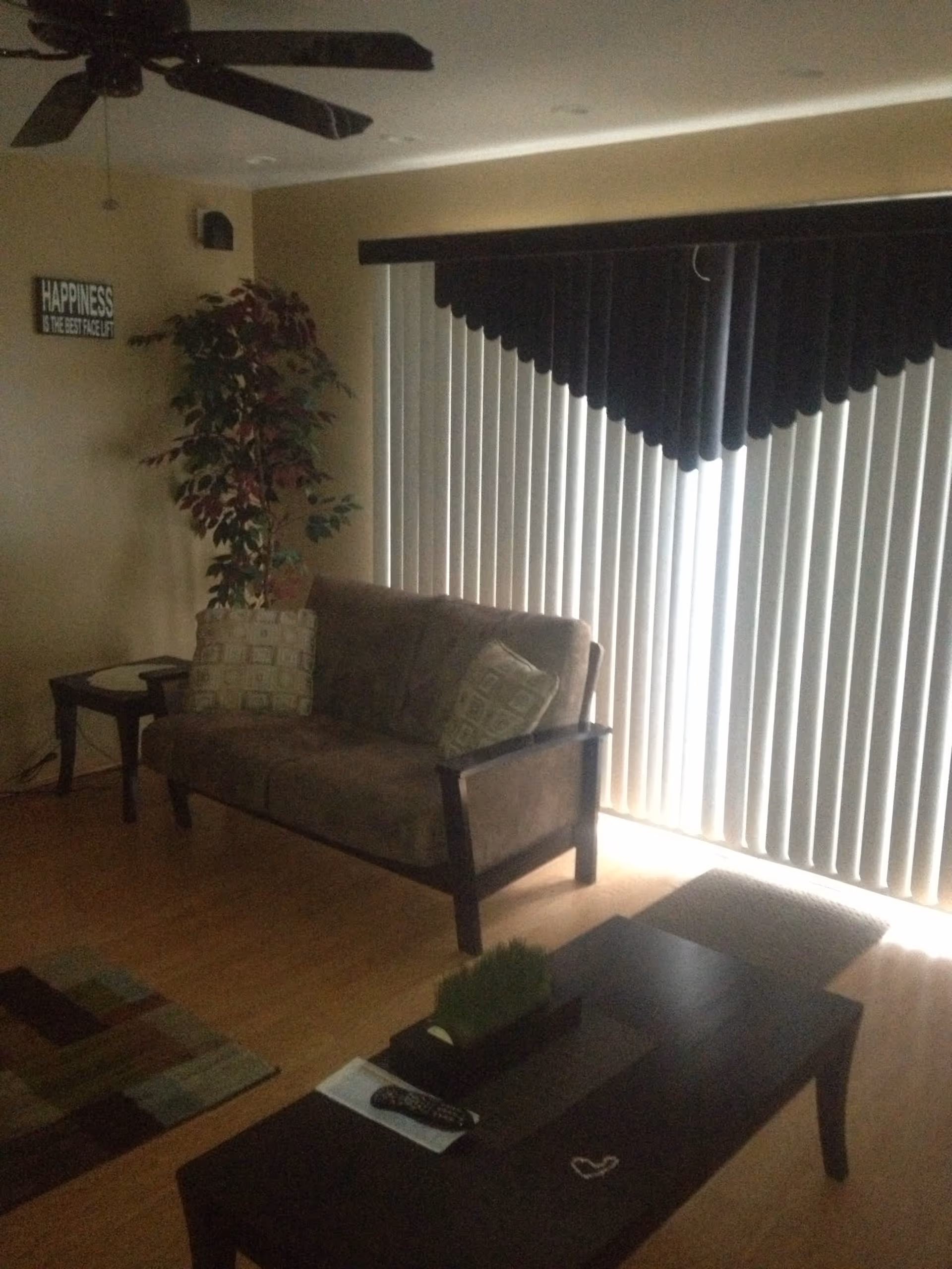 A living room with a brown loveseat sofa with two patterned cushions, a dark wooden coffee table with a remote control and a small plant, a side table, a tall artificial plant, vertical blinds covering a large window, and a ceiling fan. A wall decoration reads 'HAPPINESS IS THE BEST FACELIFT'.