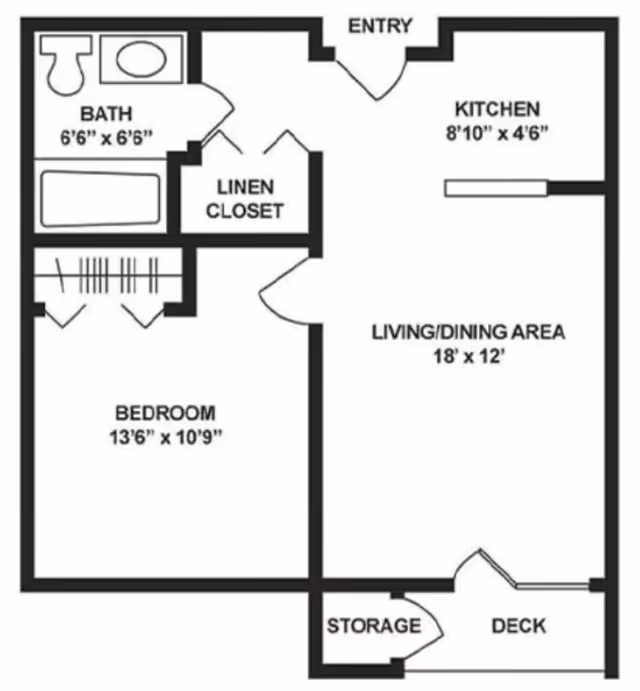 Floor plan of a one-bedroom apartment at Brookdale Castle Gardens showing an entry, kitchen, living/dining area, bedroom, bathroom, linen closet, storage, and deck with dimensions for each room.