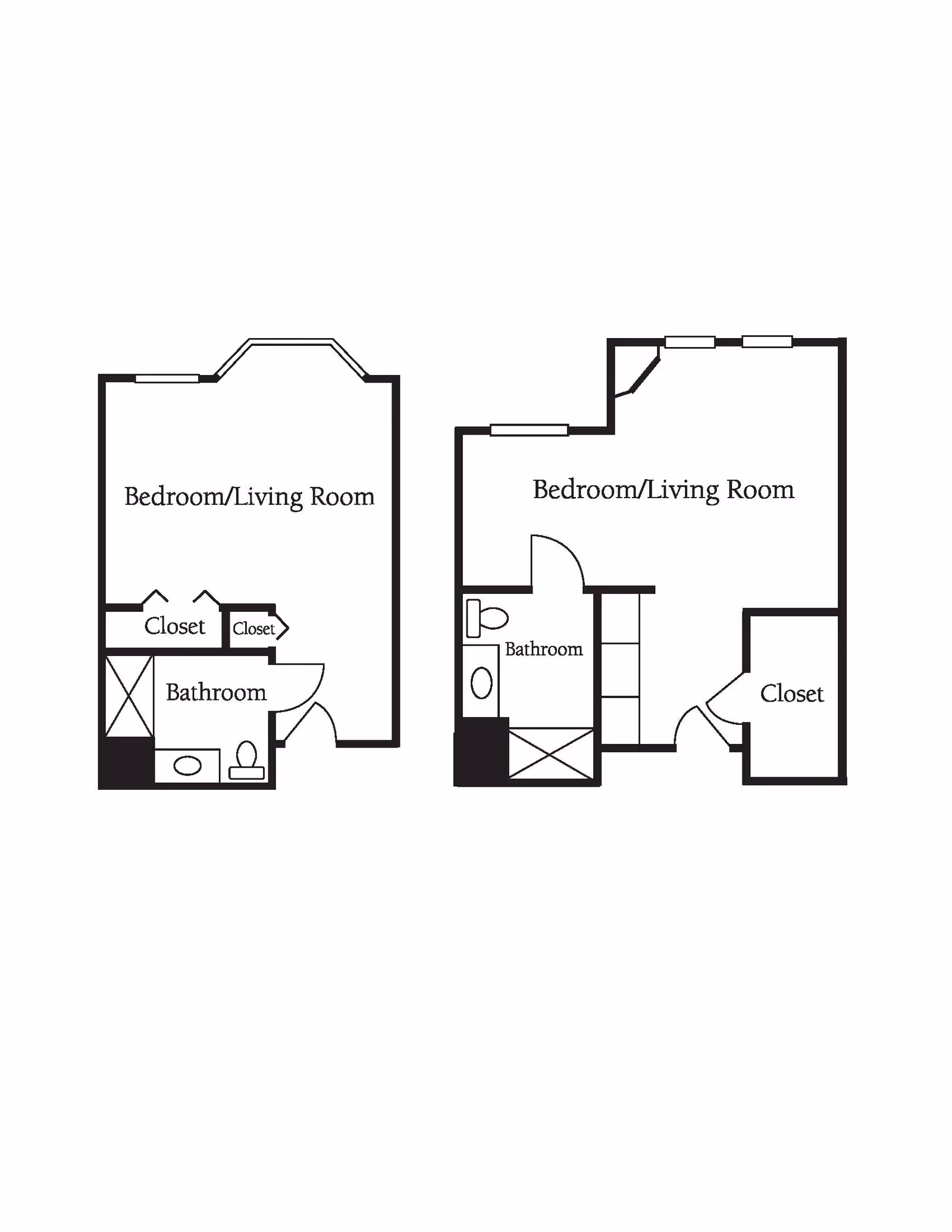 Two black and white architectural floor plans showing layouts with labeled Bedroom/Living Room, Bathroom, and Closet areas.