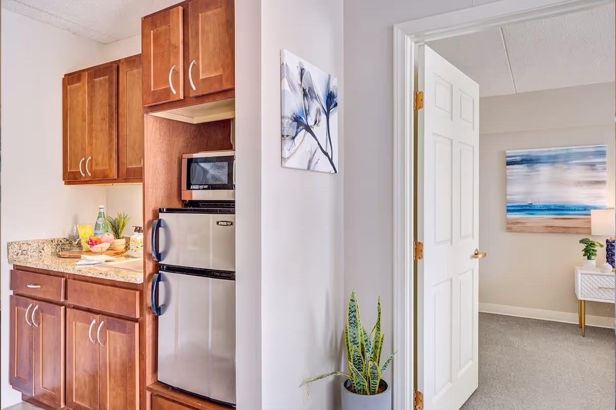 A small kitchen area with wooden cabinets, a granite countertop, a microwave, and a stainless steel mini refrigerator. To the right, there is an open door leading to a room with a white nightstand, a lamp, a plant, and a large blue and beige abstract painting on the wall. A potted snake plant is placed against the wall near the door.