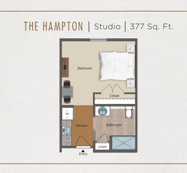 Floor plan of The Hampton studio apartment at The Canopy at Walden Woods, showing a 377 square feet layout with a bedroom area containing a bed and desk, a kitchen with a refrigerator and sink, a bathroom with a toilet and shower, a closet, and a linen closet near the entry.