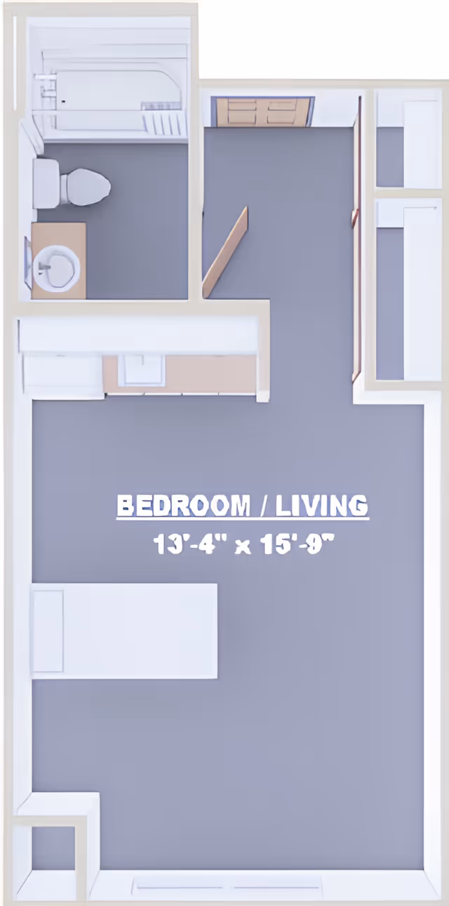 Top-down floor plan of a small living space labeled as Bedroom/Living measuring 13 feet 4 inches by 15 feet 9 inches. The layout includes a combined bedroom and living area with a bed, a small kitchen area with a sink and refrigerator, and a bathroom with a toilet, sink, and bathtub.
