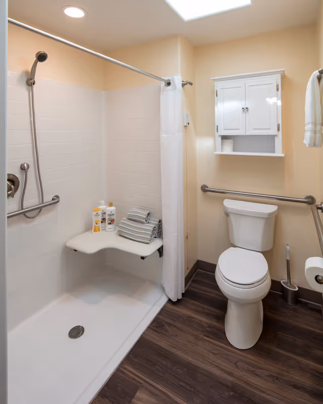 Accessible bathroom featuring a roll-in shower with a fold-down seat and grab bars, a toilet, and a wall cabinet.