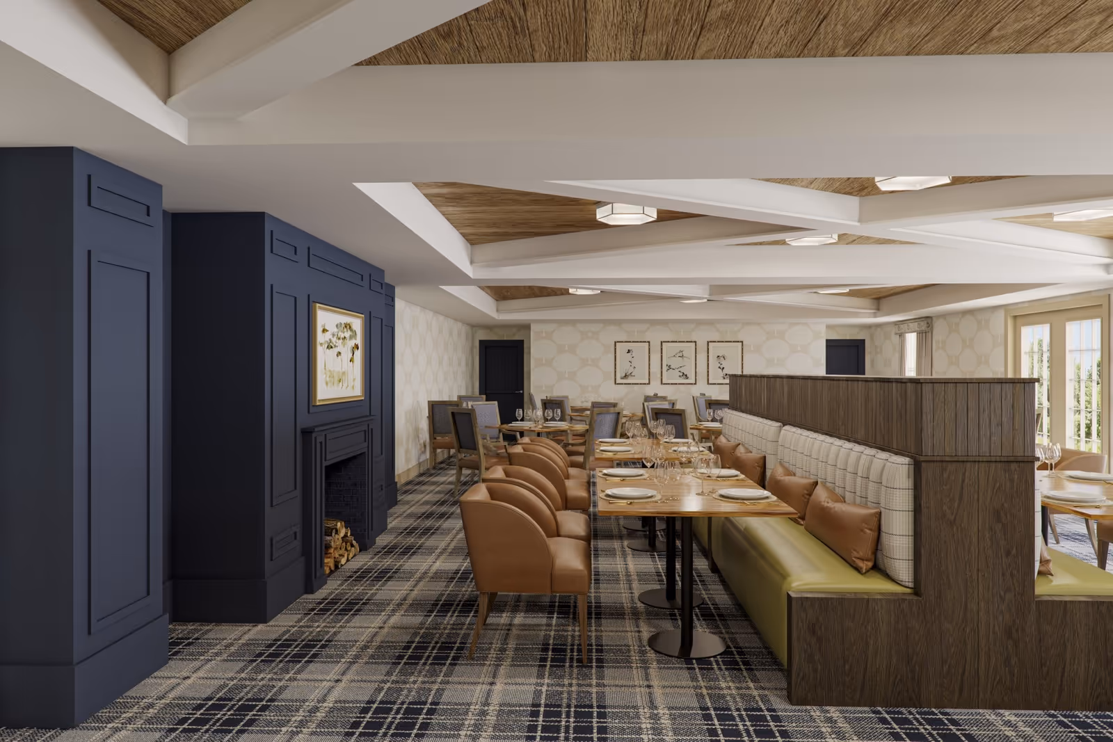 A dining room with a modern and cozy design featuring a row of tables set with plates, glasses, and cutlery. The room has a patterned carpet, a dark blue fireplace with stacked firewood, and a ceiling with wooden panels and white beams. There are cushioned bench seats with brown pillows and leather chairs around the tables. The walls are decorated with framed artwork and light-colored wallpaper.