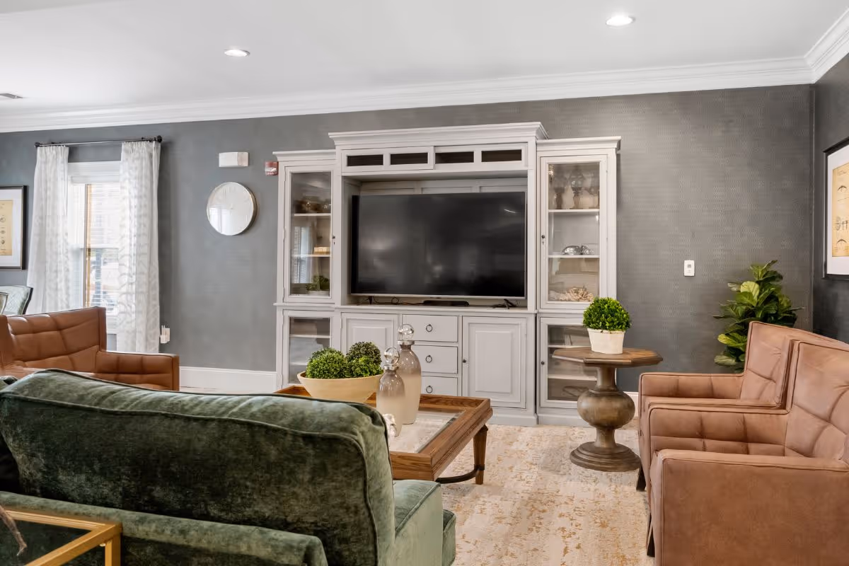 A cozy living room with a white entertainment cabinet holding a TV, a green sofa, brown armchairs, a coffee table, and decorative plants.