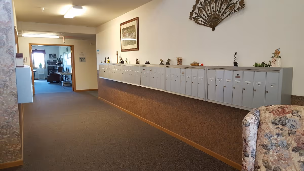 Interior hallway with a long row of wall-mounted mailboxes, carpeted floor, a floral armchair, and a seating area visible through a doorway.