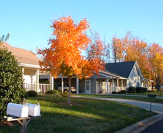 A residential street in a senior living community with single-story houses, a mailbox in the foreground, and trees with bright orange autumn leaves under a clear blue sky.