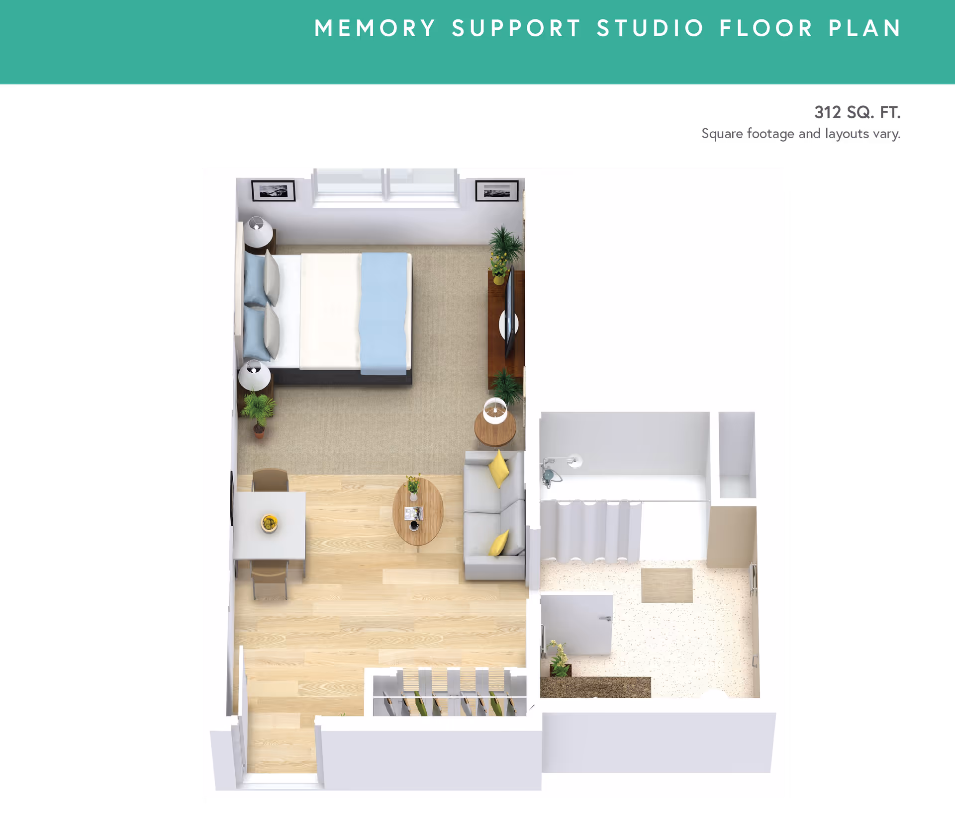 3D floor plan of a memory support studio apartment at Brookridge Heights showing a combined bedroom and living area with a bed, sofa, small dining table, TV, plants, and a bathroom with a shower. The total area is 312 square feet.