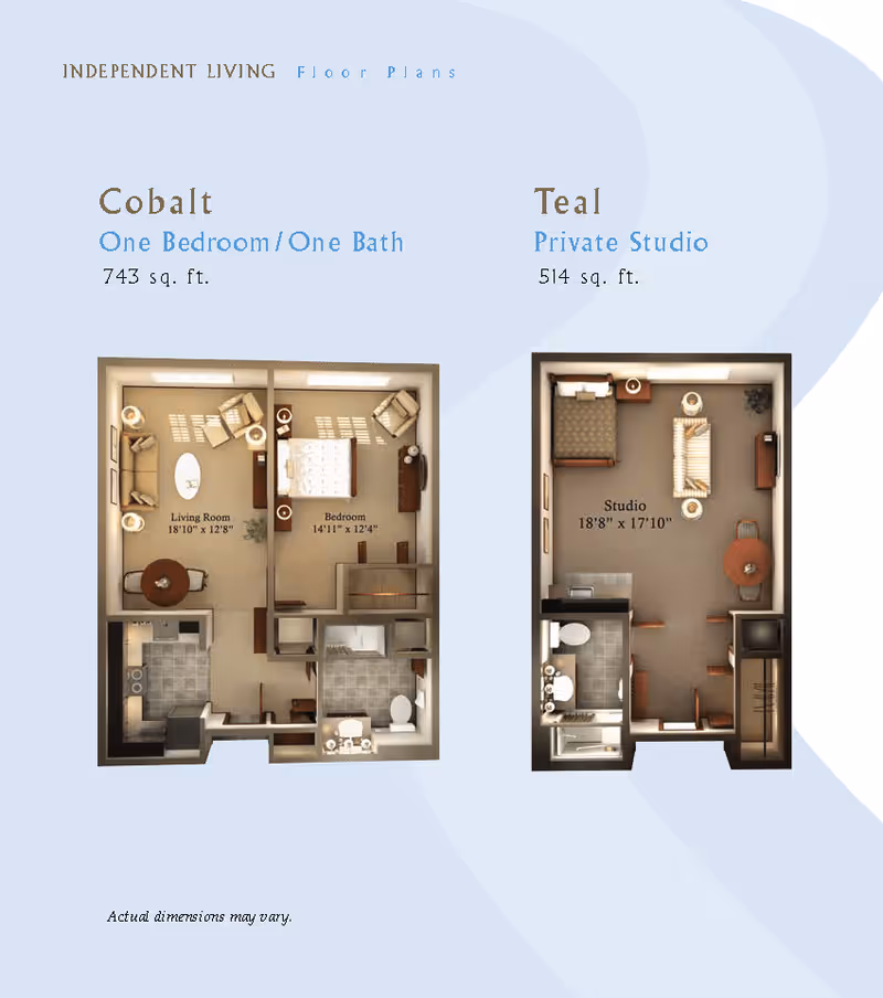 Floor plans for Rio Terra Senior Living independent living options. The Cobalt plan is a one bedroom, one bath apartment with a living room, bedroom, kitchen, and bathroom, totaling 743 square feet. The Teal plan is a private studio with a combined living and sleeping area, kitchen, and bathroom, totaling 514 square feet.