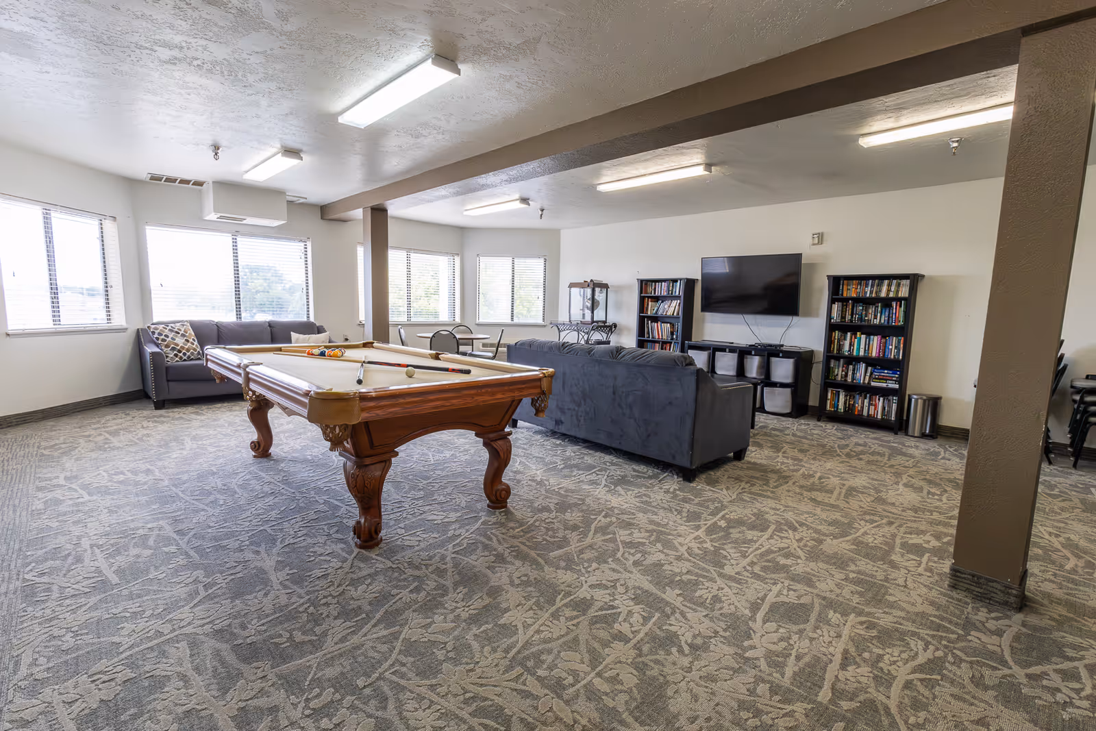 A spacious common room with a pool table in the center, two gray sofas facing a wall-mounted flat screen TV, bookshelves filled with books, and large windows letting in natural light. The room has patterned carpet flooring and fluorescent ceiling lights.