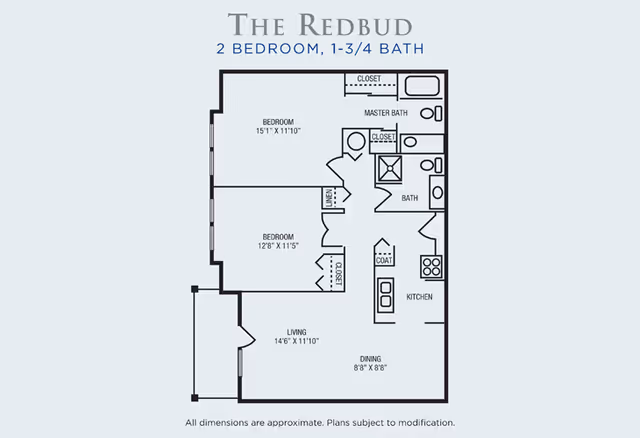 Floor plan titled The Redbud showing a 2 bedroom, 1-3/4 bath layout with dimensions for each room including bedrooms, living room, dining area, kitchen, closets, and bathrooms.