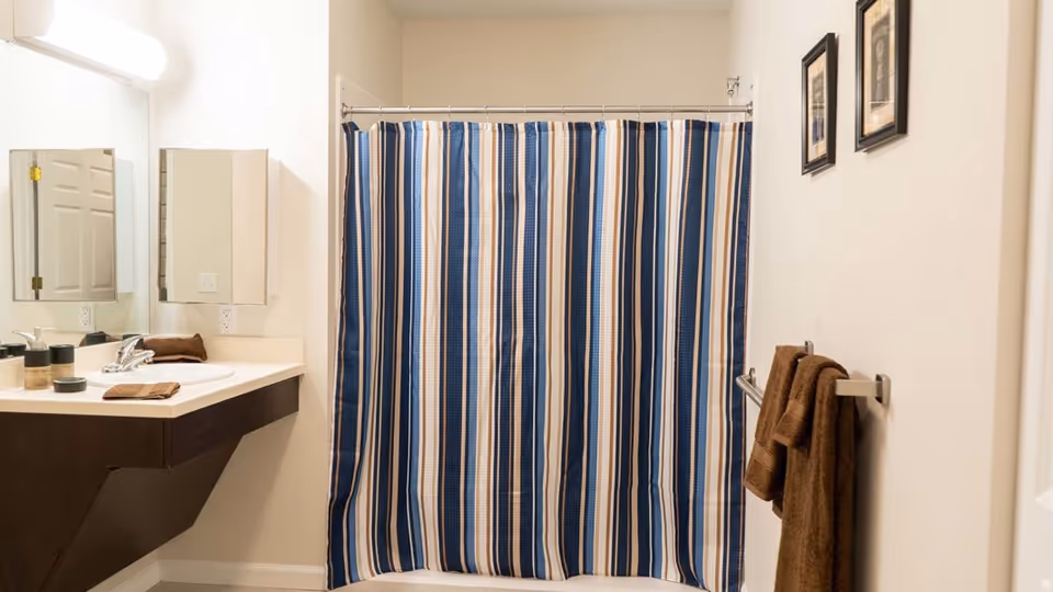Bathroom with a striped blue shower curtain, a sink vanity with mirror and toiletries, and brown towels on a wall rack.