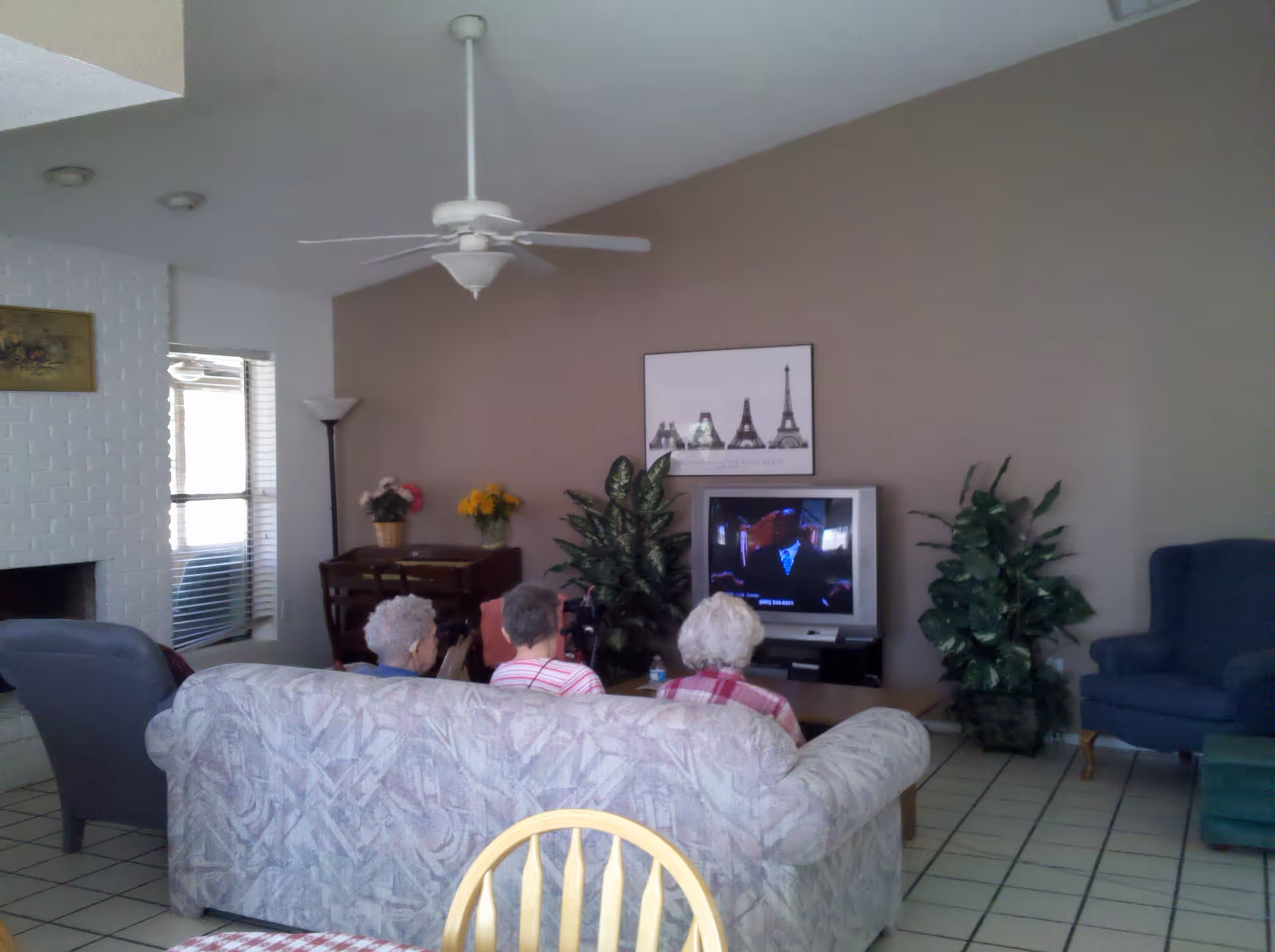 Three elderly women sitting on a patterned couch in a living room watching a television. The room has a ceiling fan, a framed picture of the Eiffel Tower on the wall, two large potted plants, a blue armchair, a small table with flowers, and a fireplace on the left side.