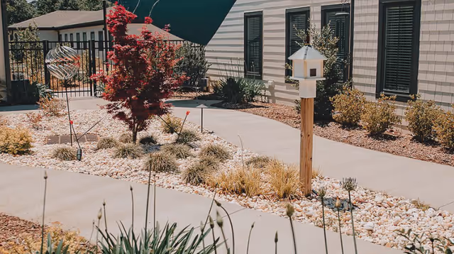 Curved concrete pathway through a landscaped courtyard with a wooden birdhouse, ornamental grasses and a small red tree beside a light-colored building.