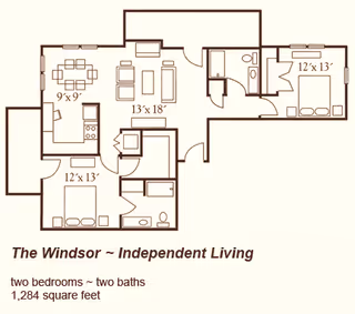Floor plan labeled 'The Windsor ~ Independent Living' showing a two-bedroom, two-bath 1,284 sq ft apartment layout with furniture.