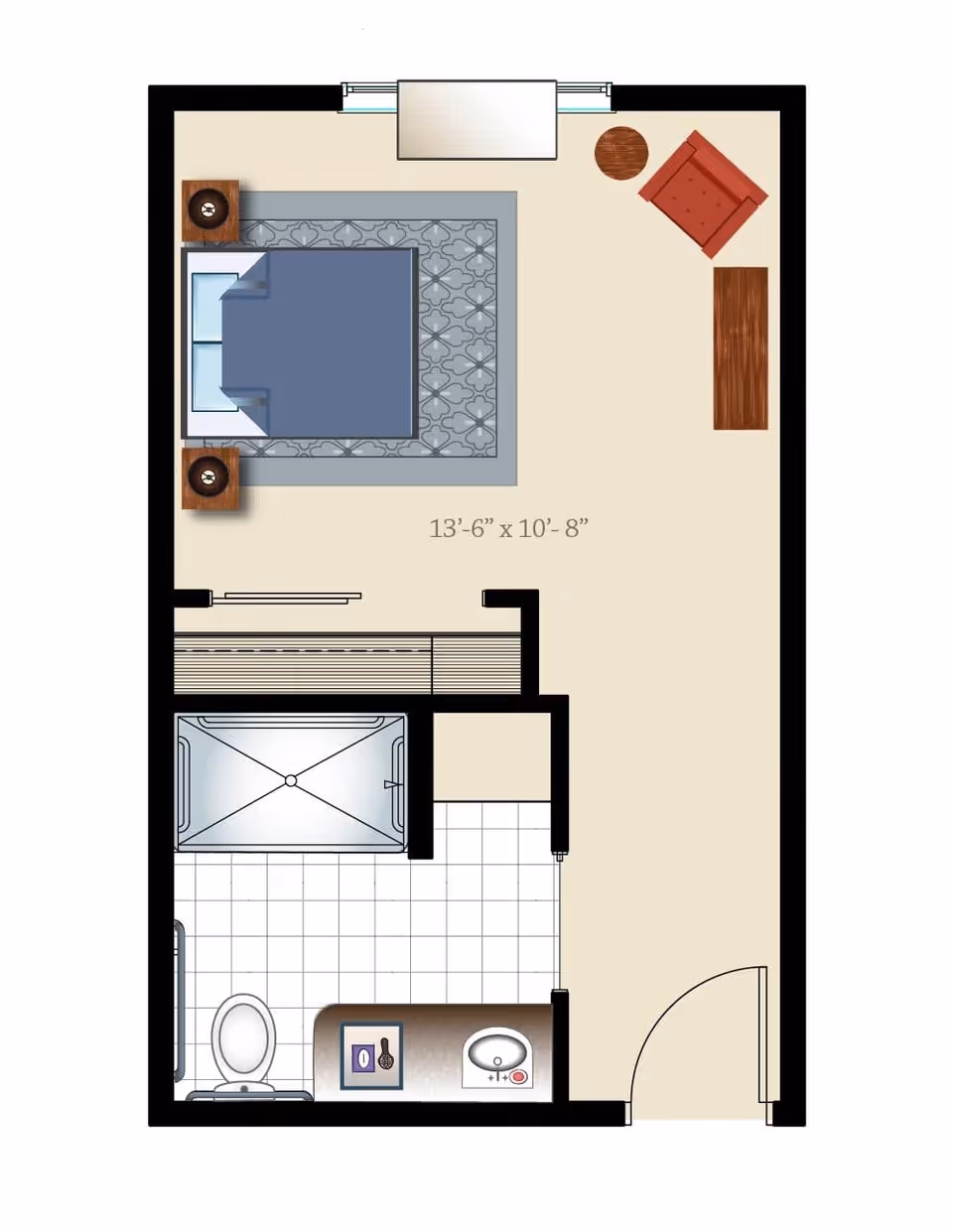 Floor plan of a room measuring 13 feet 6 inches by 10 feet 8 inches, featuring a bedroom area with a bed, two nightstands, a rug, a chair, a small round table, and a rectangular table. The room also includes a bathroom with a toilet, sink, and shower.