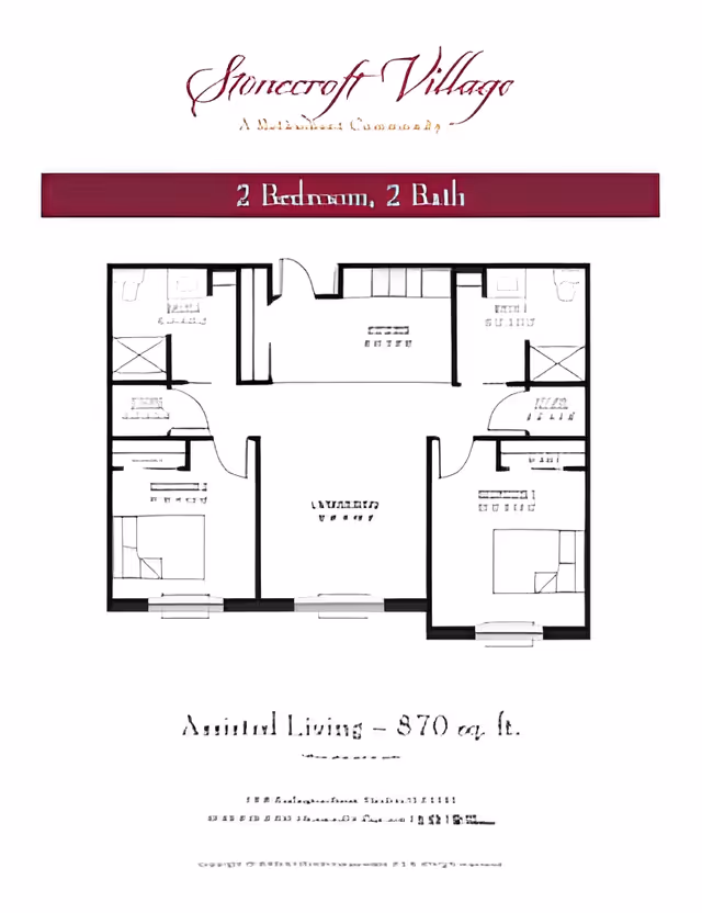 Floor plan of a 2 bedroom, 2 bathroom assisted living apartment at Stonecroft Village, showing layout with bedrooms, bathrooms, kitchen, and living area.