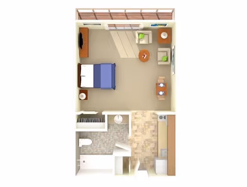Top-down floor plan of a studio apartment featuring a combined living and sleeping area with a bed, two armchairs, a small dining table with two chairs, and a TV on a stand. The apartment includes a kitchen area with appliances and cabinetry, and a separate bathroom with a toilet, sink, and shower. There is also a balcony accessible from the living area.