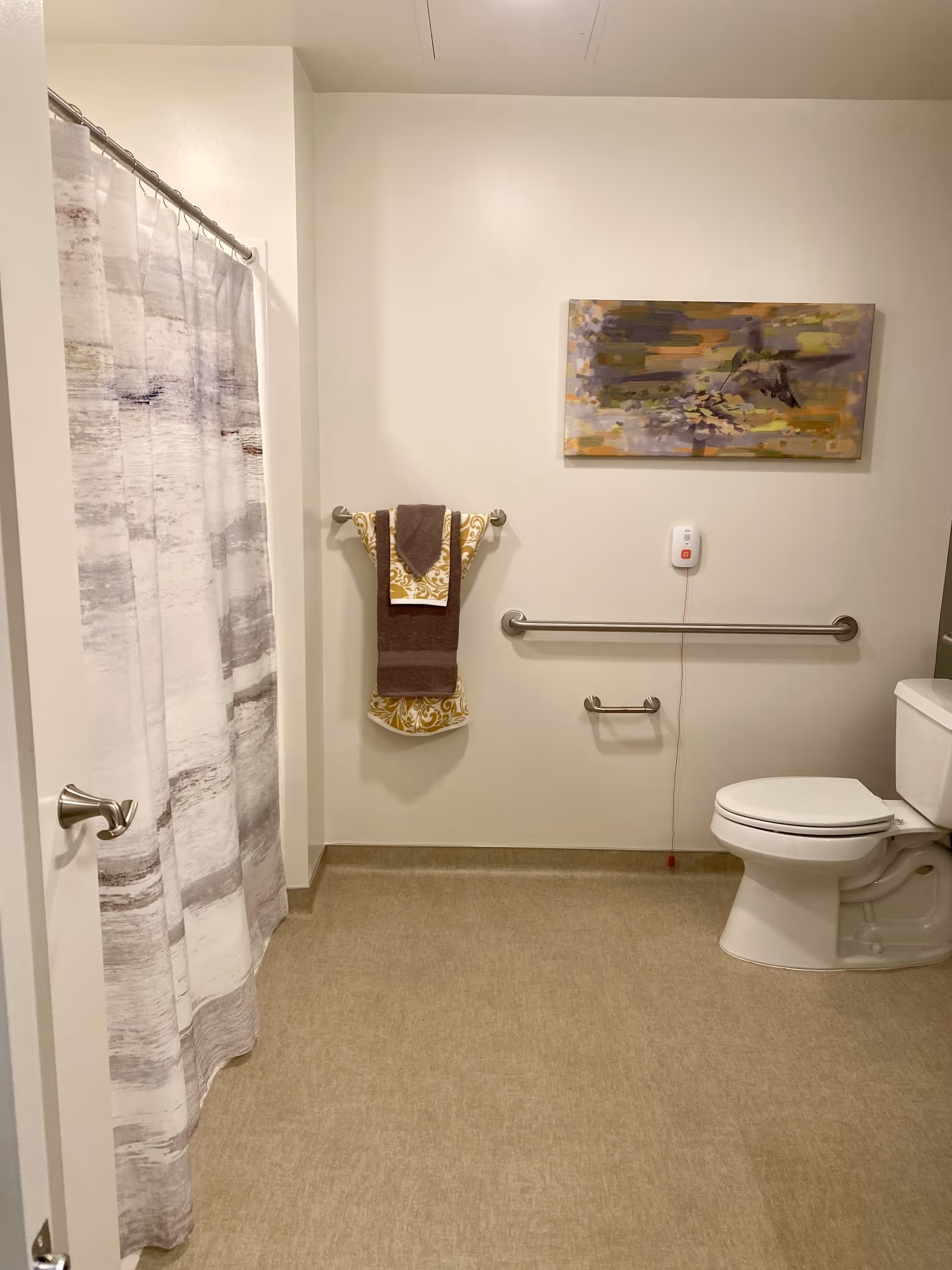 A clean and spacious bathroom with a toilet, a shower with a patterned curtain, a towel rack holding folded brown and patterned towels, a safety grab bar on the wall, an emergency pull cord, and a colorful abstract painting above the grab bar.